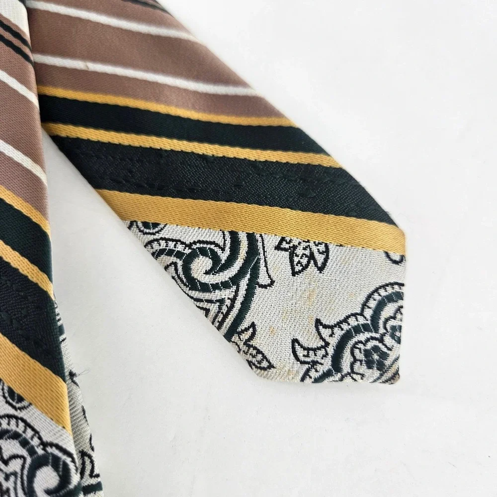 Vintage 70s/80s Jean‎ Claude Vidal Green Gold Mens Paisley Stripe Necktie USA